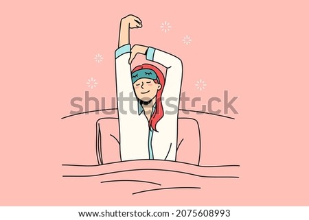 Happy waking up and health concept. Young smiling woman with eyes closed and sleeping mask stretching out in bed feeling fresh and relaxed vector illustration 