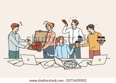 Corporate party and celebrating concept. Group of young colleagues workers eating pizza drinking coffee in office during party vector illustration 