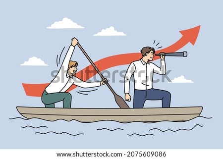 Business strategy and teamwork concept. Young business men sitting together in boat having common direction and looking forward vector illustration 