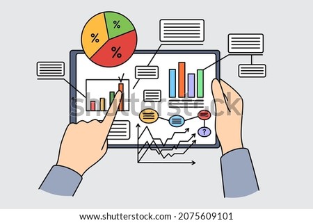 Business data and statistics concept. Human hands holding tablet with development statistics metadata on screen vector illustration 
