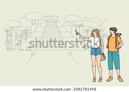 Happy couple tourists explore travel destination in tropical country. Smiling man and woman travelers discover landmarks or attractions on summer holiday or vacation. Tourism. Vector illustration. 