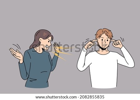 Angry woman scream yell at ignorant husband closing ears not to hear. Mad furious wife shout at man avoid ignore fight or quarrel. Family misunderstanding, breakup, divorce. Vector illustration. 