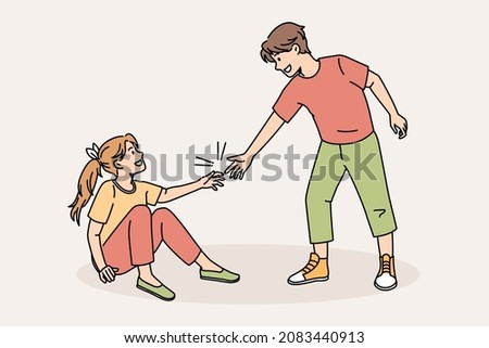 Caring boy give hand help friend rise up after falling. Kind small child show care for girl mate. Good behavior example. Upbringing and childhood. Offer aid to people in need. Vector illustration.