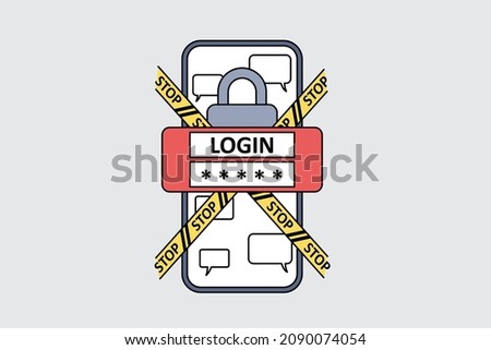 Personal identification and safety concept. Smartphone screen with login password and stop signs crossing it with lock and chat messages in application vector illustration 