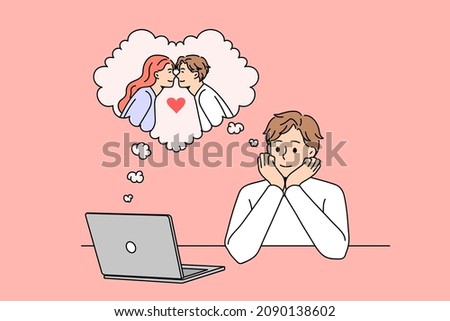 Dreaming of love and online dating concept. Smiling boy sitting at laptop dreaming of his girlfriend imagining their date online vector illustration 