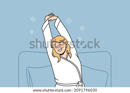 Feeling positive in morning concept. Young relaxed smiling blonde woman in home clothing sitting stretching out in bed after night vector illustration 