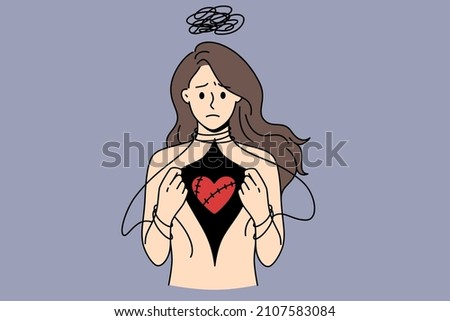 Depression and love hurting concept. Stressed depressed woman standing and showing her red injured heart in breast vector illustration 