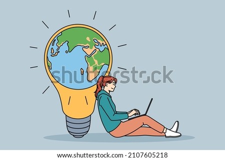 Business environment idea or strategy concept. Young smiling woman sitting with laptop having great idea concerning global ecology system vector illustration  Foto d'archivio © 