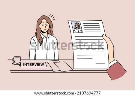 Head hunting and Human resources concept. Young woman job seeker applicant candidate sitting and going through interview with hand of manager with her resume vector illustration  商業照片 © 