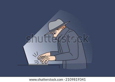 Online crime and fraud concept. Young man fraud thief sitting at laptop committing computer internet crime making attack hacking vector illustration 