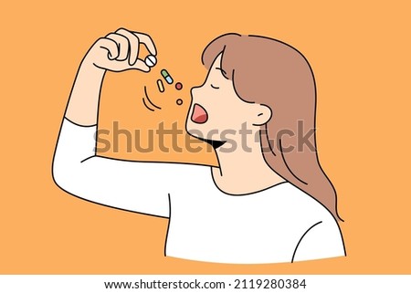 Healthcare and taking drugs vitamins concept. Portrait of young lady taking some pills or vitamins for feeling healthy and positive vector illustration 