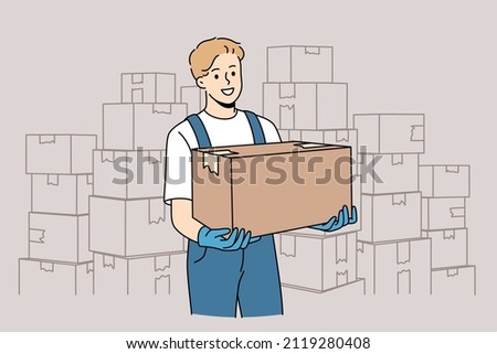 Parcel delivery and post service concept. Smiling man worker in uniform standing with heap of parcels boxes delivery transportation carrying to customer vector illustration 
