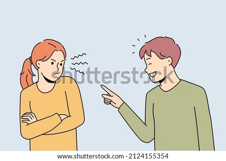 Having fun and laughing concept. Smiling boy standing pointing at irritated stressed girl having fun and kidding having problems in communication vector illustration 