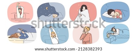 Set of exhausted woman lying relaxing in bed enjoy sleeping in comfortable home bedroom. Tired girl rest see dreams or taking nap. Sleep problem, fatigue and exhaustion. Vector illustration. 