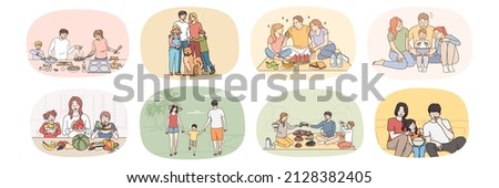 Set of smiling young parents with small children relax together eat tasty food use gadgets. Bundle of happy family with kids have fun rest at home and outdoors. Unity and bonding. Vector illustration.