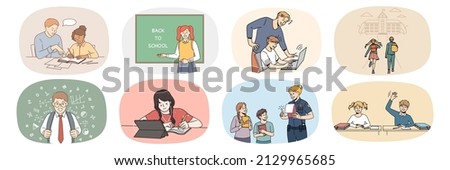 Set of small children study in offline school prepare task. Collection of happy small kids enjoy education process. Online studying and learning on computer. Flat vector illustration. 