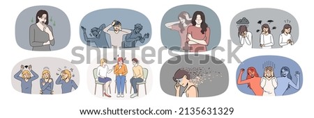 Set of unhappy person feel stressed suffer from bipolar disorder or mood swing. Collection of unhealthy sad people struggle with depression or psychological mental problems. Vector illustration. 