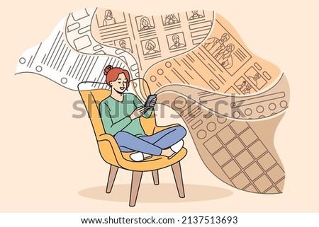 Smiling millennial girl sit relax in chair scroll social media feed on smartphone. Happy young woman use modern cellphone gadget browse internet. Web or phone addiction. Vector illustration. 