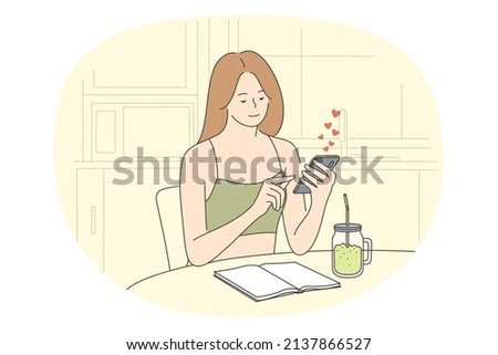 Online dating and romance concept. Young positive woman sitting at table holding smartphone in hands chatting and dating online vector illustration 