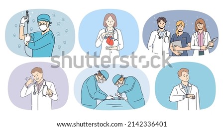 Set of team of diverse doctors help patients in hospital. Collection of medical workers or nurses give aid or assistance to people in clinic. Medicine and healthcare. Vector illustration.