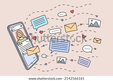 Online communication and chatting on modern cellphone device. Social media notifications and email on smartphone gadget. Communicating on internet. Flat vector illustration.  商業照片 © 