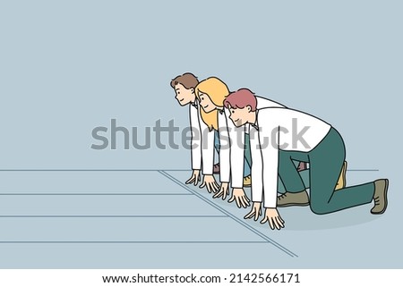 Motivated businesspeople stand at starting position ready for sprint run. Confident diverse employees or clerks compete for better position. Work rivalry or competition. Flat vector illustration.  Foto d'archivio © 