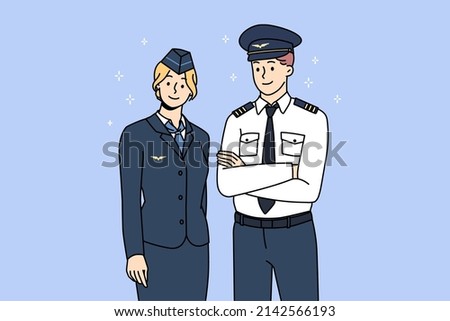 Professional airplane crew in uniform posing for picture together. Portrait of aircraft pilot and stewardess show good quality service. International or national airlines. Vector illustration. 