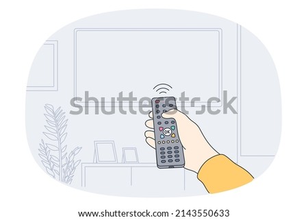 Remote control and entertainment concept. Human hand holding remote controller and switching on television hanging on wall vector illustration 