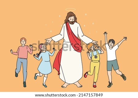 Smiling little kids dancing around Jesus Christ feeling joyful and excited. Jesus share love and care communicate with small children. Faith and religion. Flat vector illustration. 