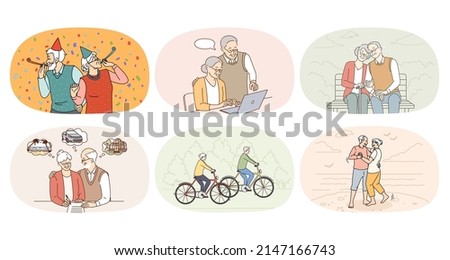 Set of overjoyed energetic grandparents have fun relax together. Collection of happy old people enjoy active maturity and pension. Elderly lifestyle and retirement. Flat vector illustration. 