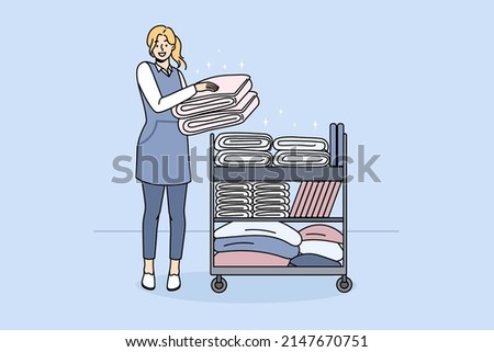 Smiling woman housekeeper with trolley with clean towels work in hotel or hostel. Happy female maid provide good quality housekeeping or laundry service. Dry cleaning. Vector illustration. 