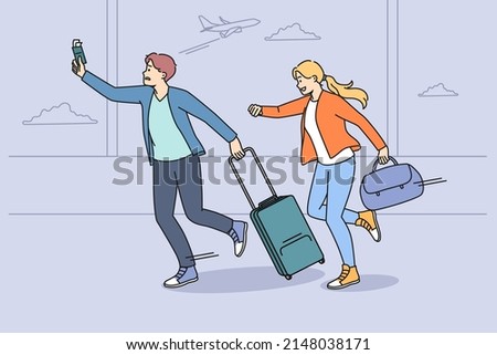 Worried couple tourists run in hurry for plane in airport. Man and woman travelers in rush not to miss flight going to vacation or trip. Travel and tourism concept. Vector illustration. 