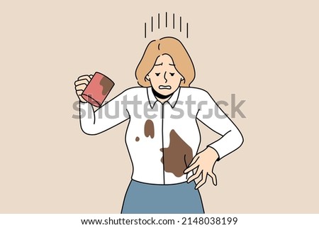 Distressed businesswoman spill coffee on blouse. Unhappy woman douse herself with drink. Clumsy careless female accident at workplace. Vector illustration, cartoon character. 