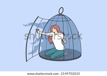 Happy young woman come out of cage recover from depression or mental issue. Smiling girl free from birdcage take new opportunities. Freedom and rehabilitation. Vector illustration. 