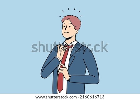 Young confident businessman in suit and tie feel successful and motivated. Self-confident male boss or CEO wearing formalwear show leadership qualities. Flat vector illustration. 