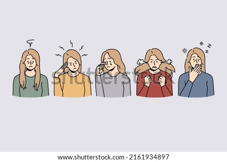 Set of young women having different symptoms and emptions of stress in life. Unhappy distressed females suffer from emotional or nervous breakdown. Flat vector illustration. 