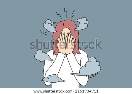 Unhappy woman covering face with hands feeling dizzy and anxious suffer from mental problems. Upset girl struggle with burnout or depression. Healthcare. Vector illustration. 