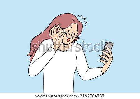 Shocked young woman take off glasses look at cellphone screen shocked by unexpected news online. Amazed girl surprised with message or text on smartphone. Flat vector illustration. 