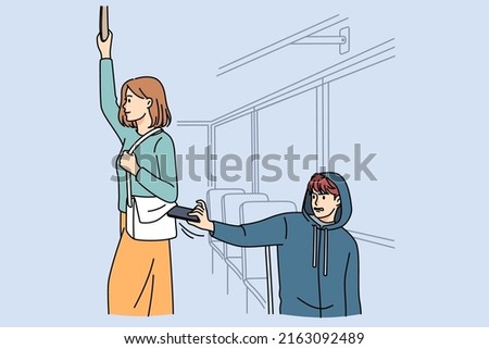 Male pickpocket stealing wallet from female passenger in bus or metro. Man thief take phone or money from woman bag in tram. Burglary and theft concept. Vector illustration. 