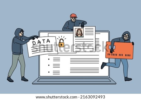 Group of hackers steal personal information from computer. Internet thieves hack laptop security system, get secured data and passwords. Web robbery and fraud. Vector illustration.  Сток-фото © 