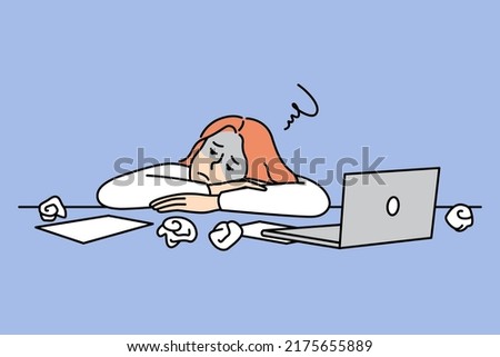 Exhausted woman employee lying on desk feeling overwhelmed with work. Unhappy tired businesswoman sleep on workplace suffer from overwork. Vector illustration.