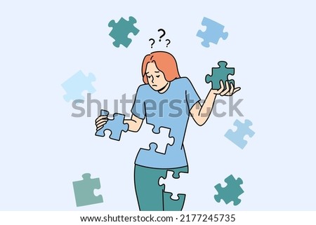 Confused young woman with jigsaw puzzles rebuild personality or identity. Frustrated unhappy girl recover from depression or mental psychological problems. Rehabilitation. Vector illustration. 