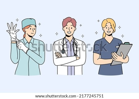Set of smiling diverse doctors in uniform ready to give good quality medical service to patients. Collection portrait of happy nurse and surgeon in clinic or hospital. Medicine. Vector illustration. 