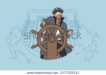 Smiling captain standing at ship wheel during sea storm. Happy skipper at boat helm at ocean waves. Seatime and marine life. Vector illustration. 