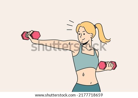 Active fit young woman with dumbbells training for good body figure. Toned girl in sportswear workout do sports follow healthy lifestyle. Vector illustration. 