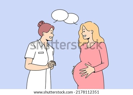 Gynecologist consult pregnant woman at hospital. Caring doctor or nurse talking with future mother. Pregnancy and maternity healthcare. Vector illustration. 