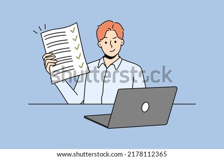 Happy man sitting at desk showing document with all tasks completed. Smiling businessman demonstrate filled form. Success and time management. Vector illustration. 