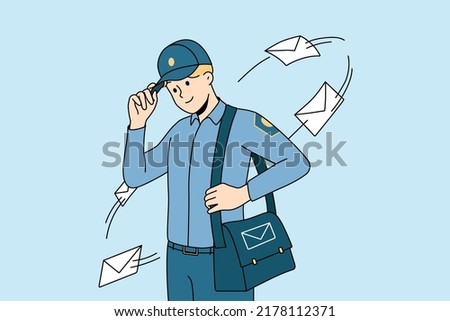 Smiling postman in uniform with bag full of post to deliver. Happy young mailman delivering letters to receivers. Postal service. Vector illustration. 