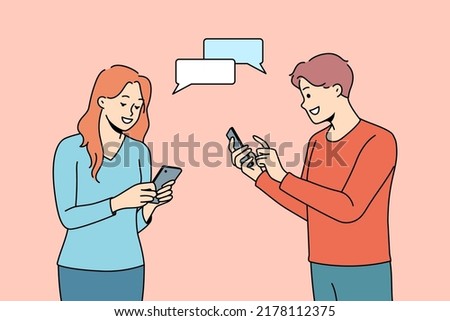 Happy man and woman chatting texting online on smartphones. Smiling couple dating on internet. Social media application concept. Vector illustration. 