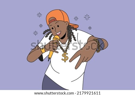African American man in cap and gold accessories rapping. Male rapper sing in microphone. Hobby and entertainment. Vector illustration. 
